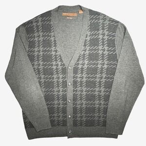 Perry Ellis Sweater Mens XL Gray Merino Blend Button Front Cardigan Check Knit